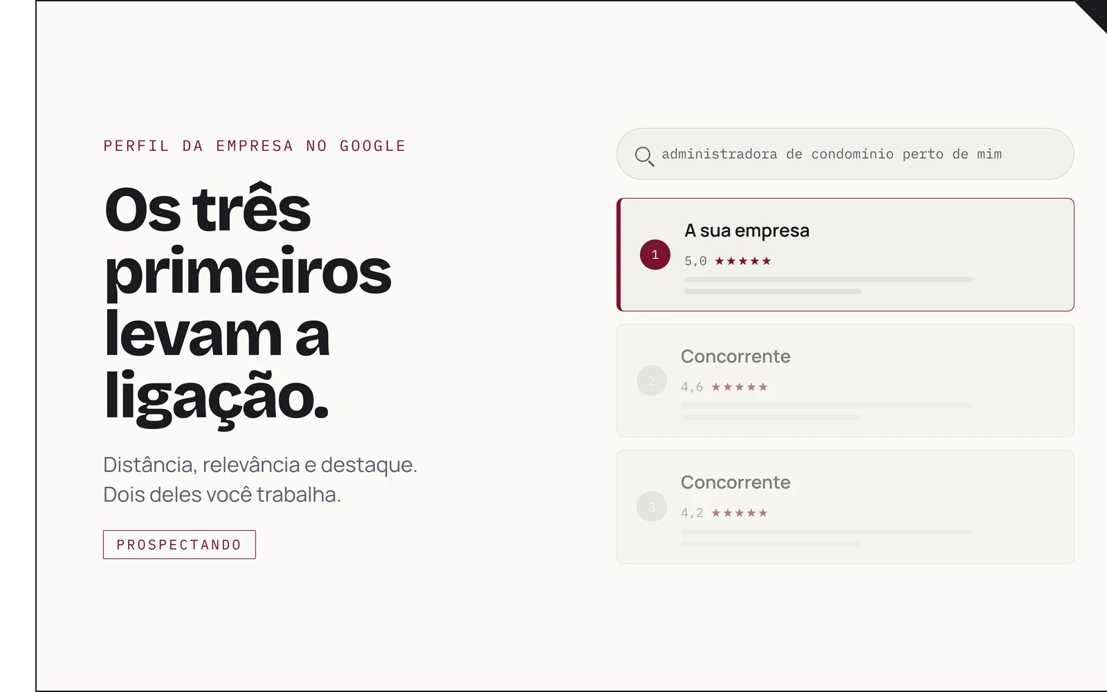 Ilustração dos três resultados locais do Google, com a ficha de uma empresa em destaque.