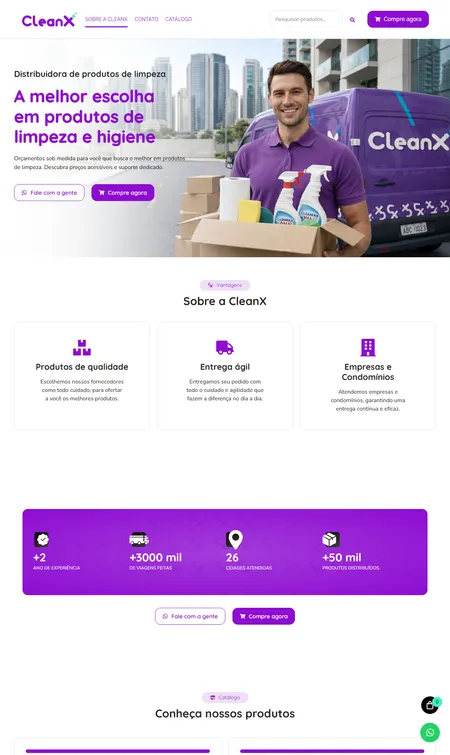 Página inicial do site de CleanX Distribuidora