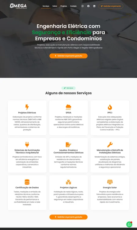 Página inicial do site de Omega Engenharia Elétrica